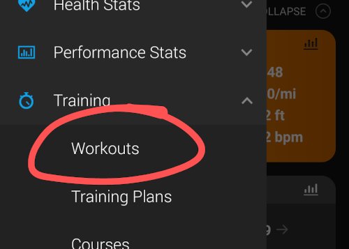 Workouts menu in the app