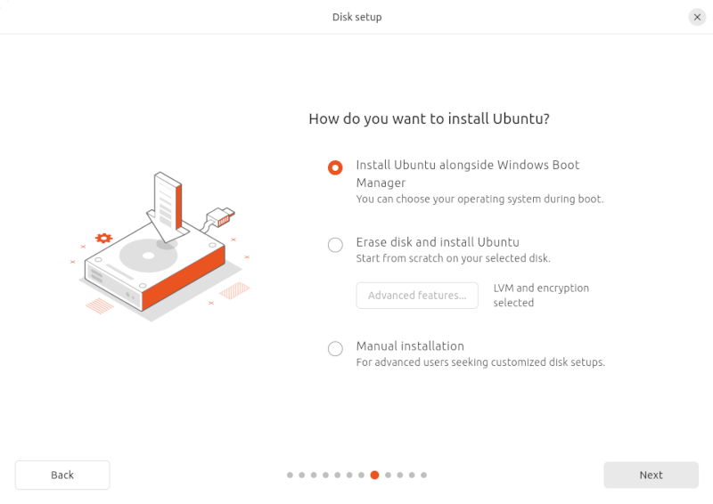 Install Ubuntu alongside Windows Boot Manager with Use LVM and encryption selected