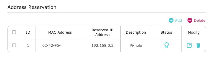 DHCP reservation settings showing 192.168.0.2 static IP