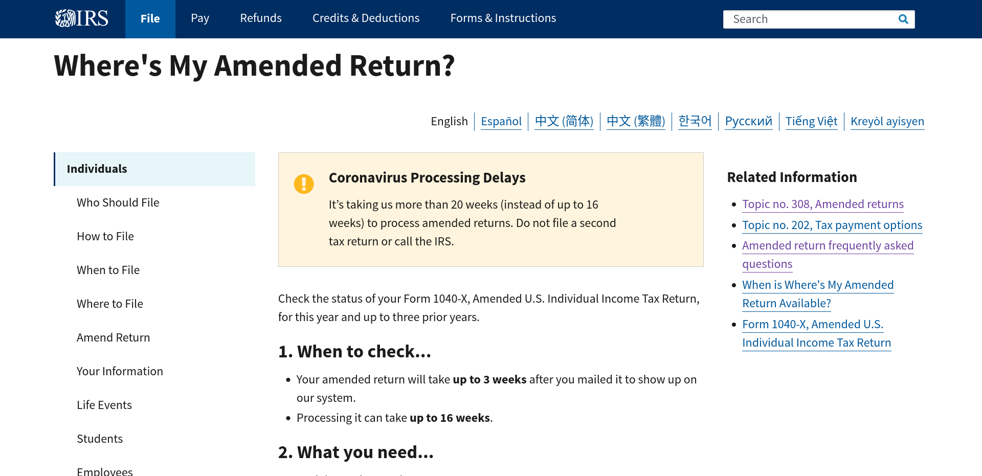 Processing delay notice on IRS website