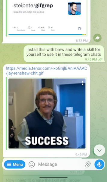 A Telegram chat where Mike's Claw replied with a gif image after installing gifgrep